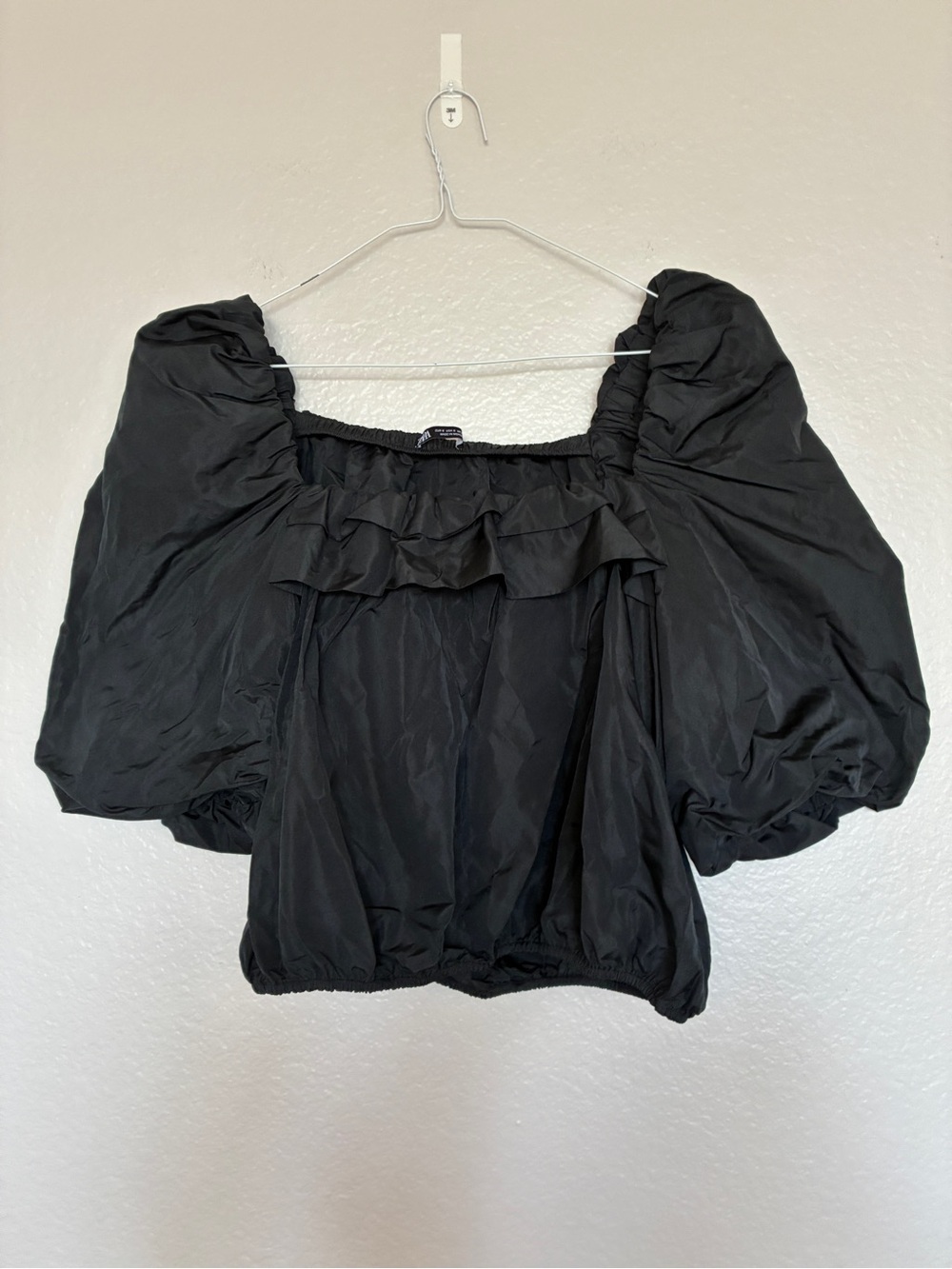 Zara Black Puff-Sleeve Ruffle-Neck Square Neck Top Cropped Dramatic Whimsygoth